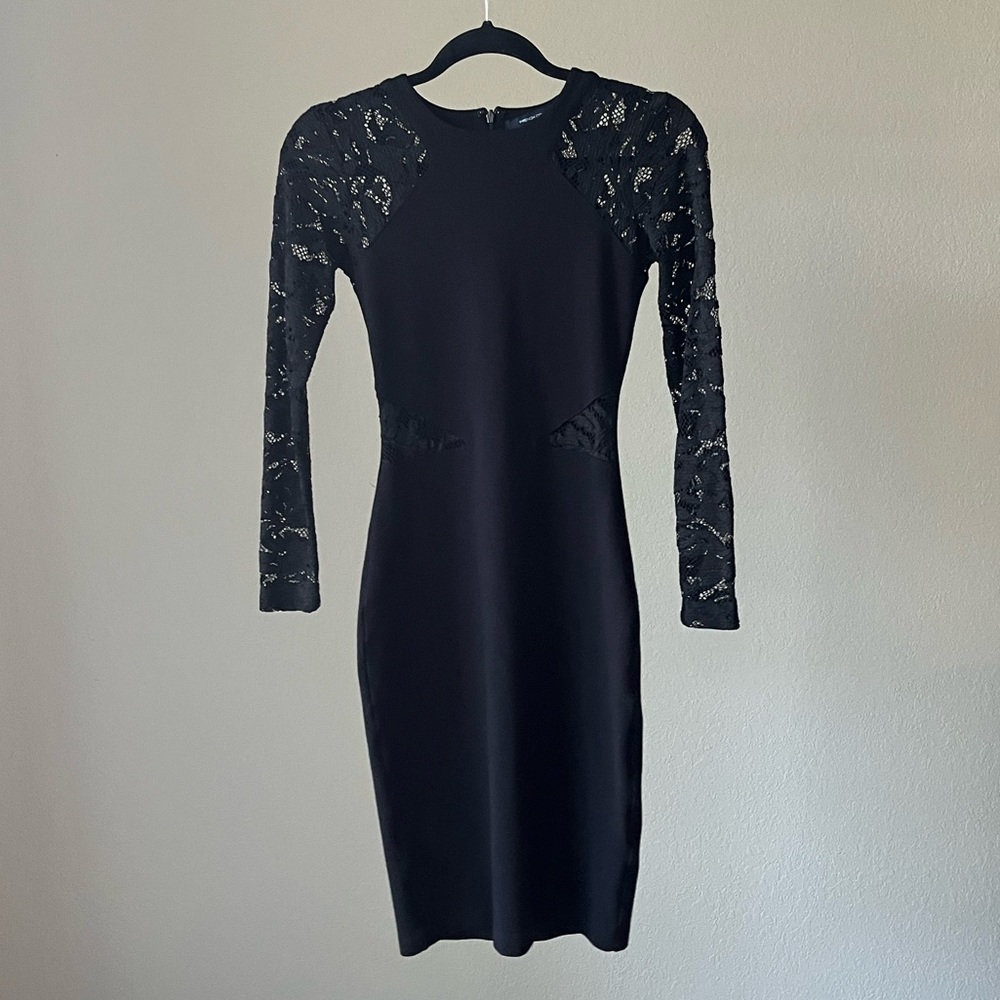 French Connection Viven Lace Illusion Cutout Dress Long Sleeve Black Size 4